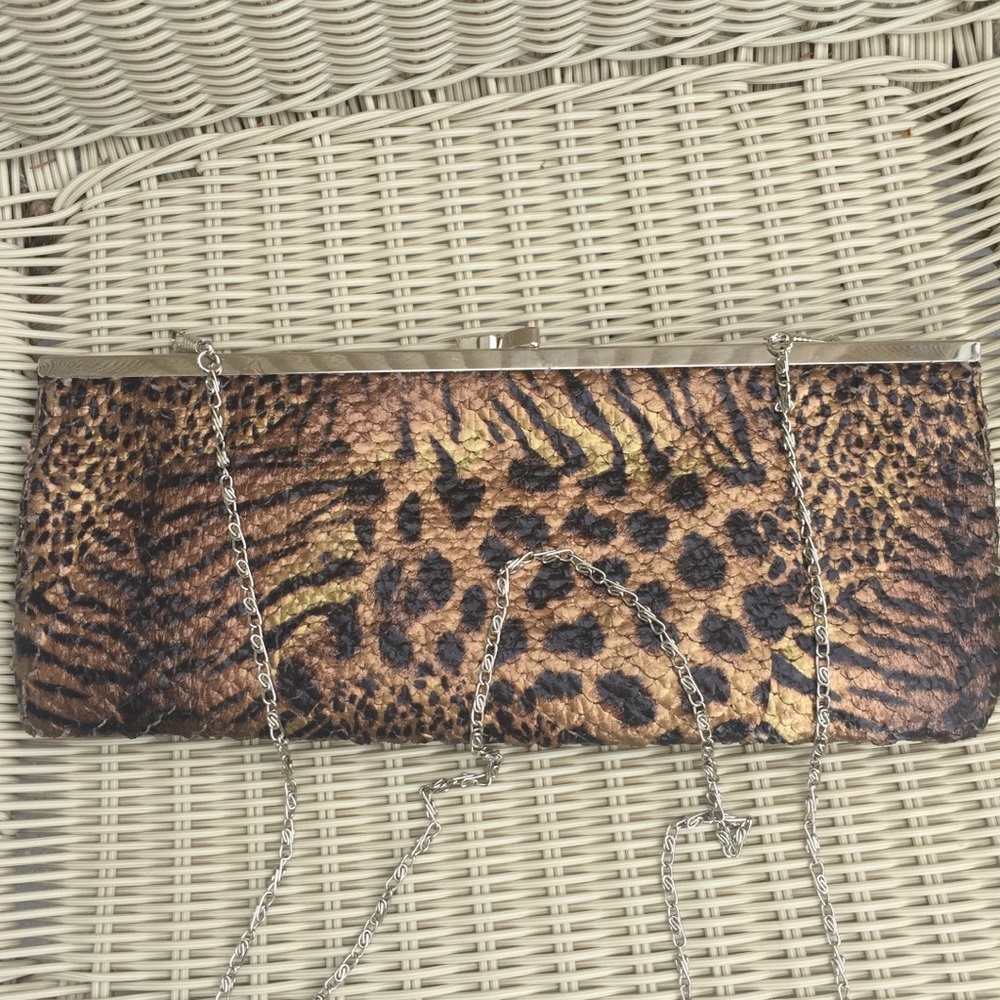 Animal Print Clutch with long gold chain